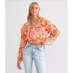 Privy Pleated Surplice Retro Floral Cropped Top Size Large